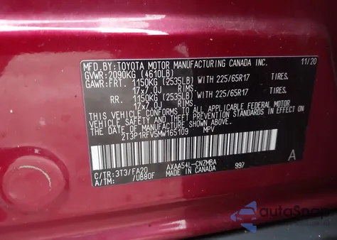 2021 Toyota Rav4 Xle from USA, damaged, VIN 2T3P1RFV5MW165109